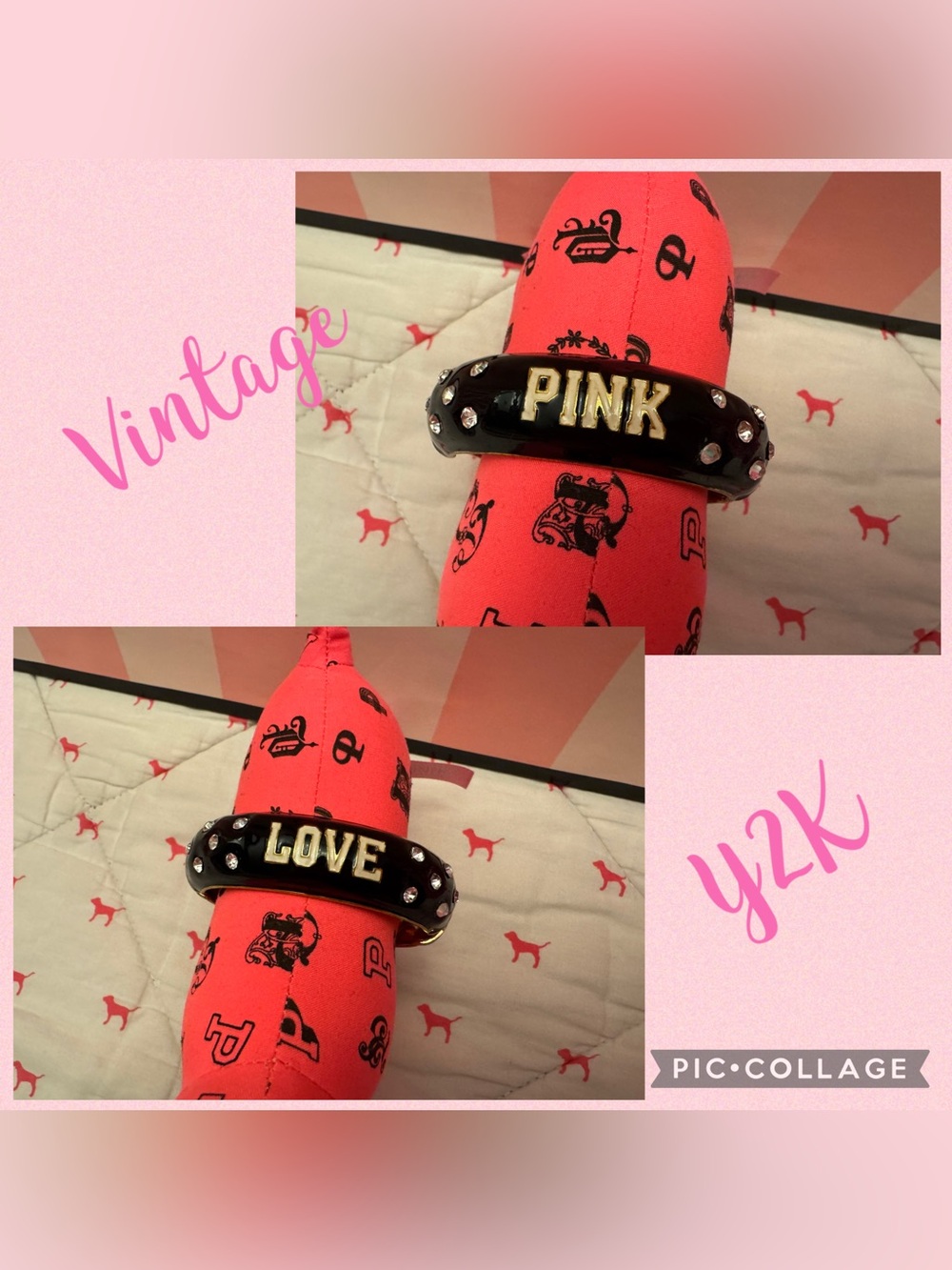 VS PINK VINTAGE Y2K HINGED CHUNKY BANGLE BRACELET BLACK ENAMEL LOVE BLING RARE